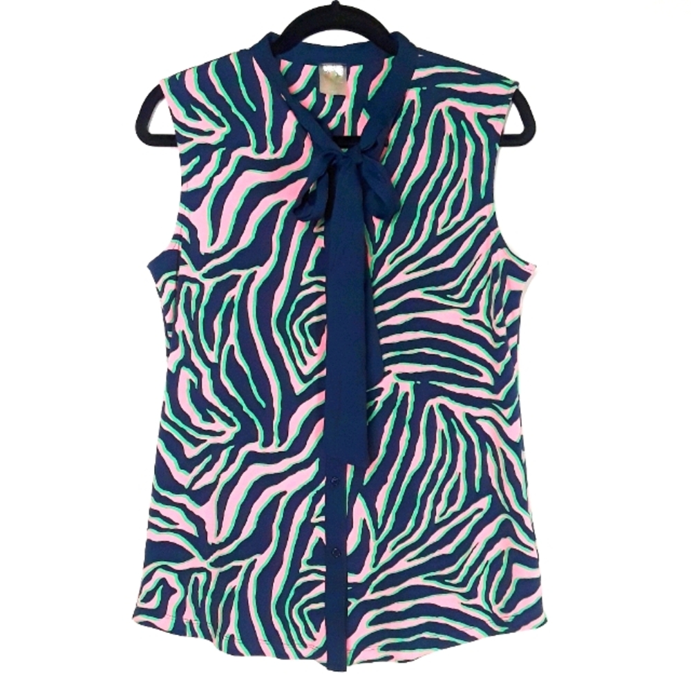 ANNE KLEIN Pink Blue Green Zebra Animal Print Sleeveless Top Small